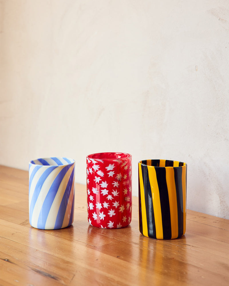 ["Zebra, Bird, and Fish Cups in Blue, Red and Yellow", " Come si dice \"the beauty of life, like these cups, is in its fragility\" <br> <br> Hand-made in Murano, Venice, Italy by Laguna~B <br> <br>\nLaguna~B is a Venice based company founded by Marie Brandolini in 1994 <br> <br>Set includes one of each glass."]
