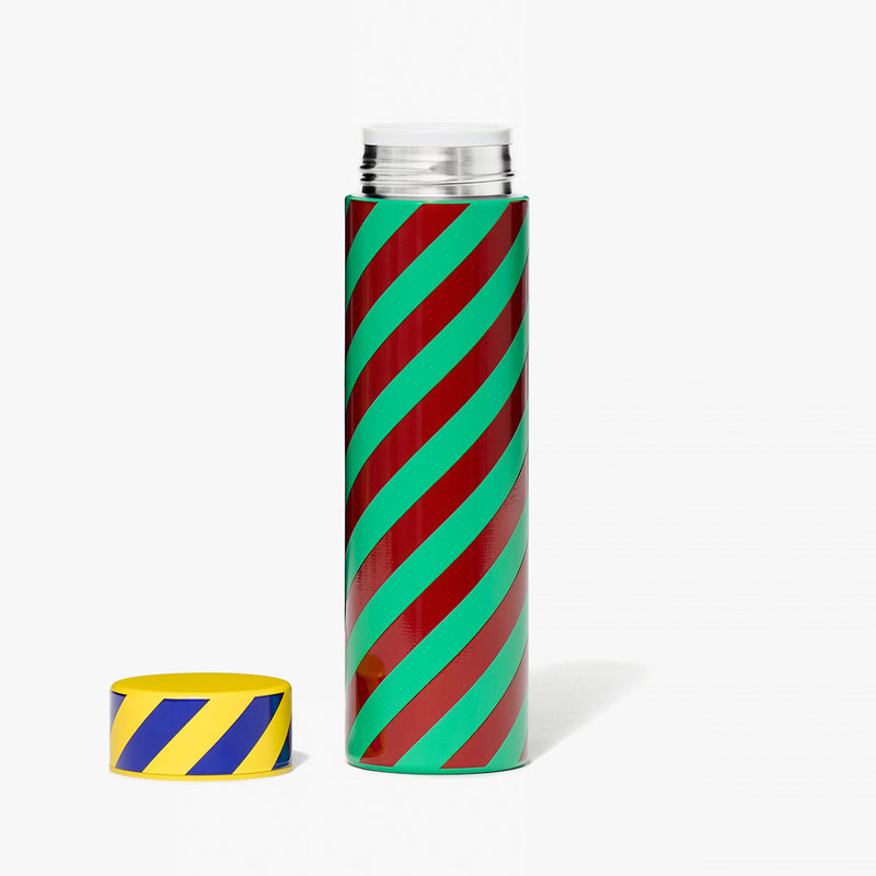 Stripe water bottle with top off 