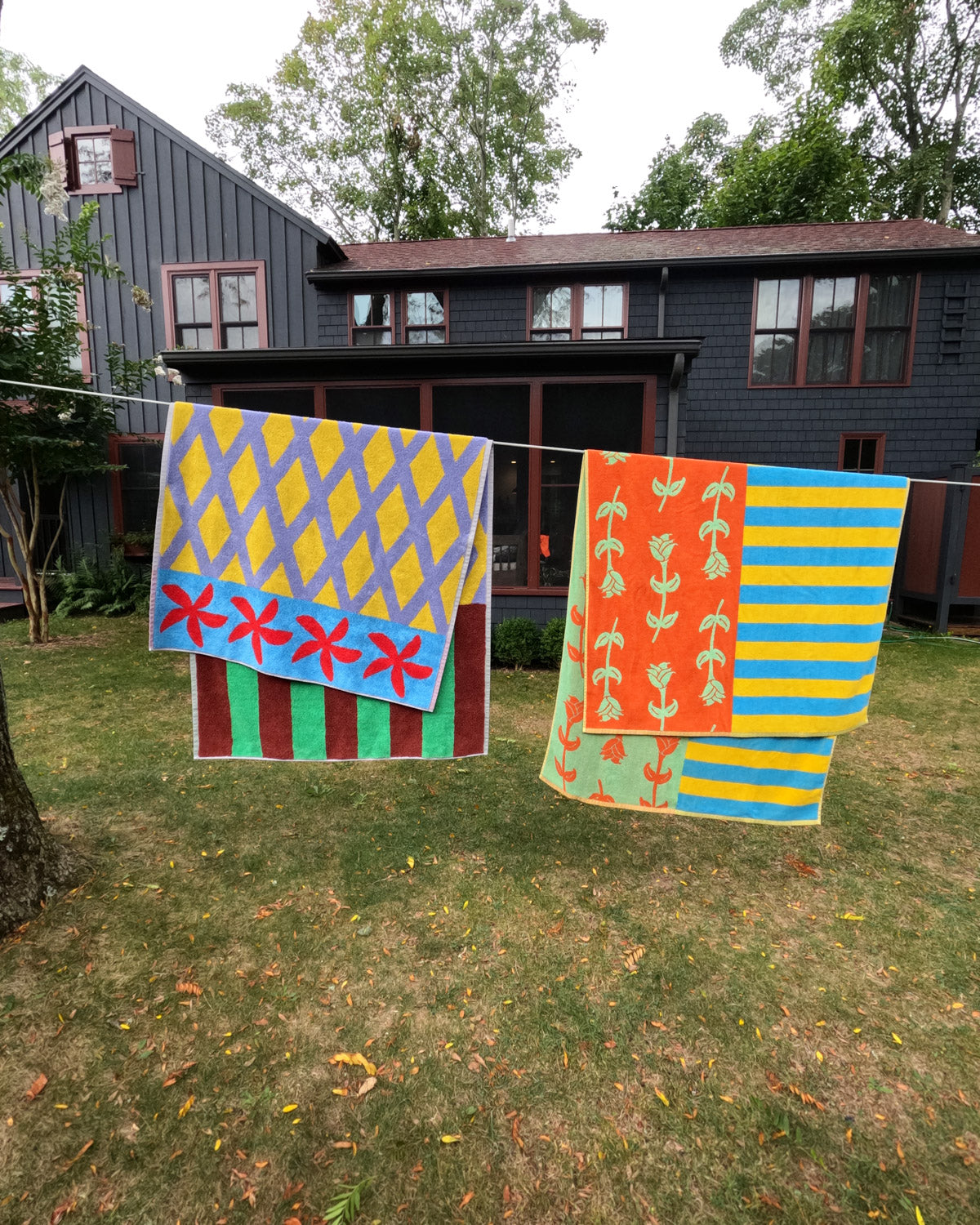 Dusen Dusen Beach Towels 2025 pattern rose and fence hanging over a clothesline; Put this towel in your mouth and do the tango!