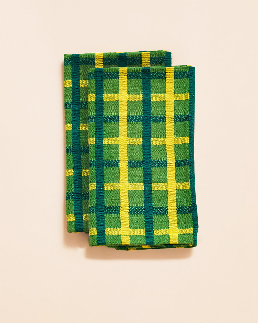 Set of 2 matching Green Plaid Napkins with yellow and dark green accents 