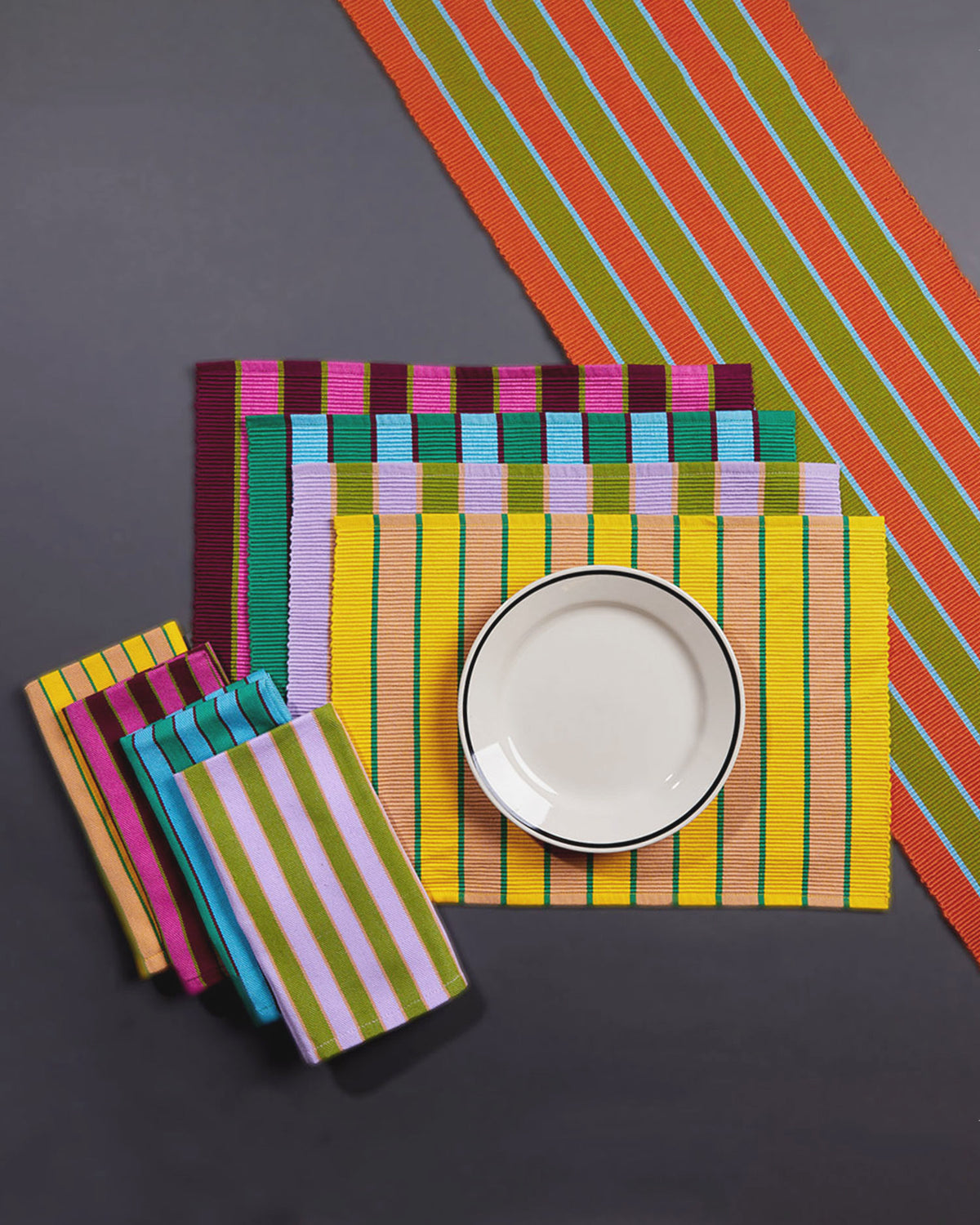 Dusen Dusen Herb Stripe napkins, placemats, and runner