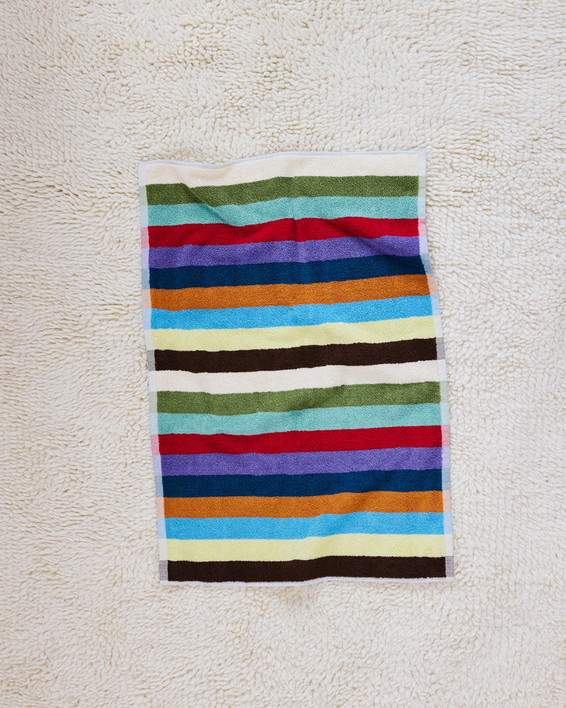 Hummingbird hand towel flat on beige carpet