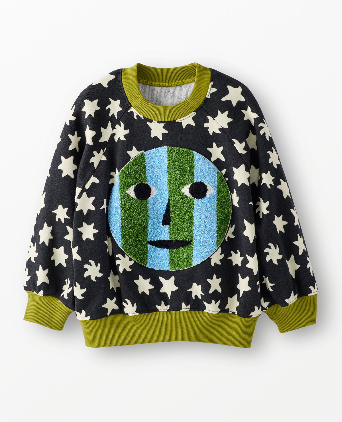 sweatshirt on white background with stars and green cuffs with applique face