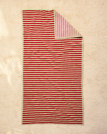 pink and taupe stripes with red and light green on the other side