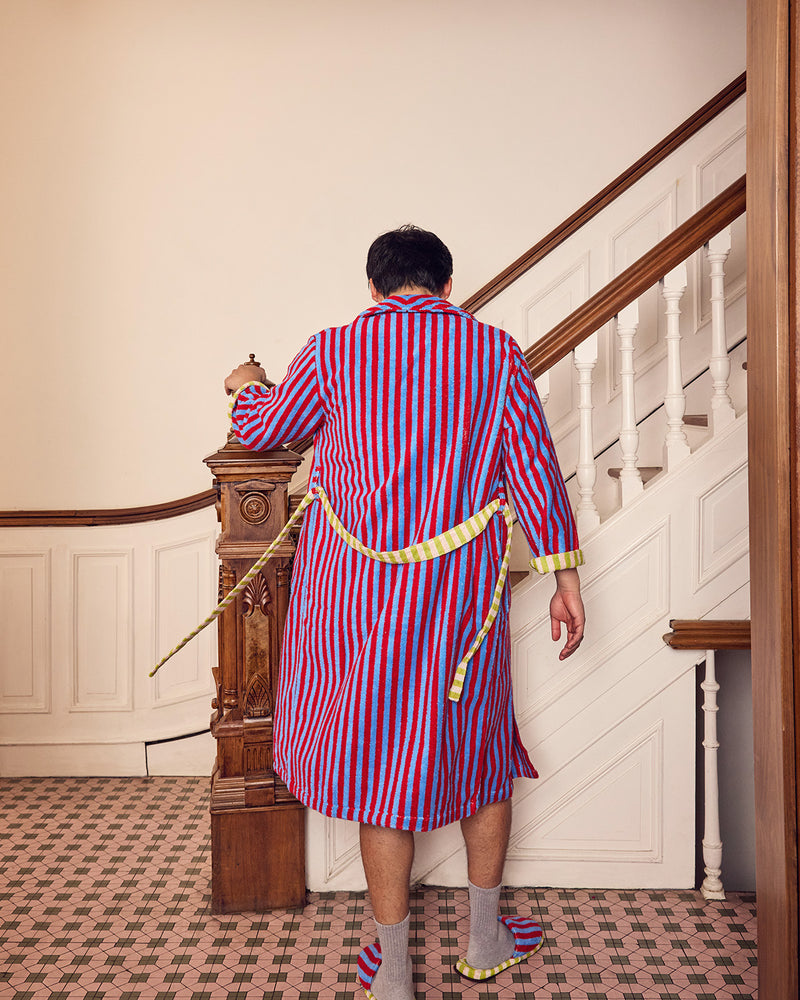 A man viewed from behind wearing a red, blue, and white vertically striped bathrobe with a yellow waist tie, standing in a classic indoor hallway with a staircase.