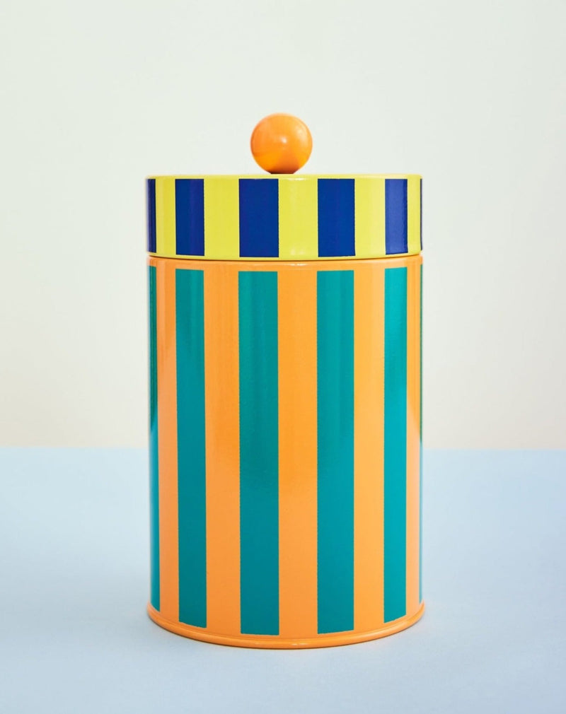 Dusen Dusen Large Striped Canister with color-contrasting lids. Made of galvanized steel. FDA food safe. Made in China.
