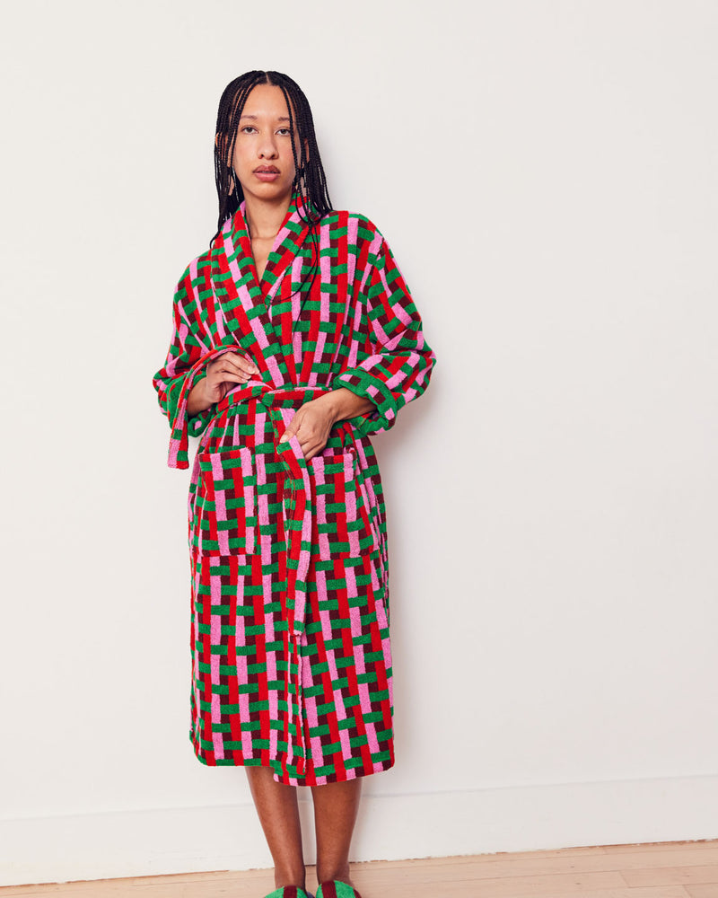 Person in Red Weave Bathrobe full body