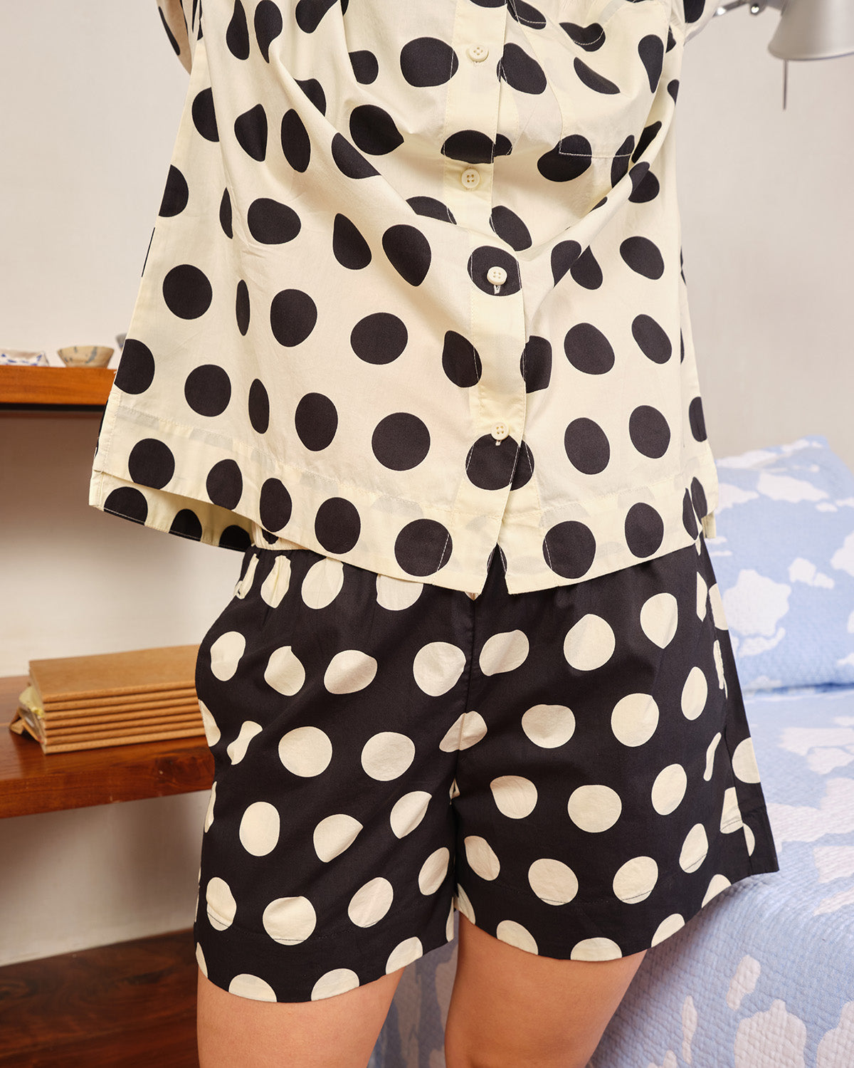 cklose up of black and white pj poplin set