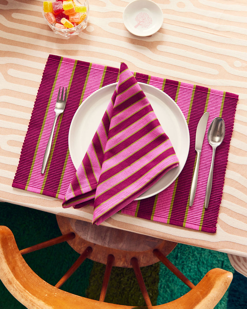 Dusen Dusen Herb Stripe Placemats. Single or Set of 4 placemats in mix and match striped patterns. Cotton placemats in tri-color stripes with a ribbed texture. 100% cotton, 12" x 18". Machine wash cold and lay flat to dry. Spot clean as needed. Made in India.