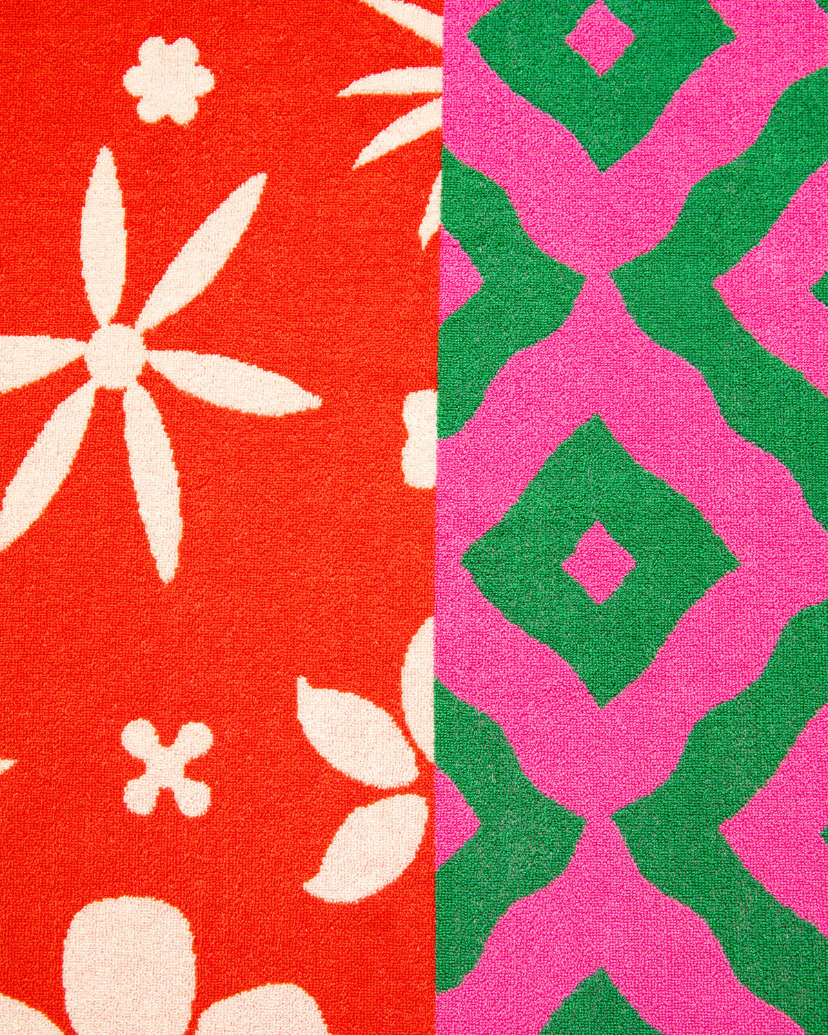 close up of Peony Towel with two floral patterns