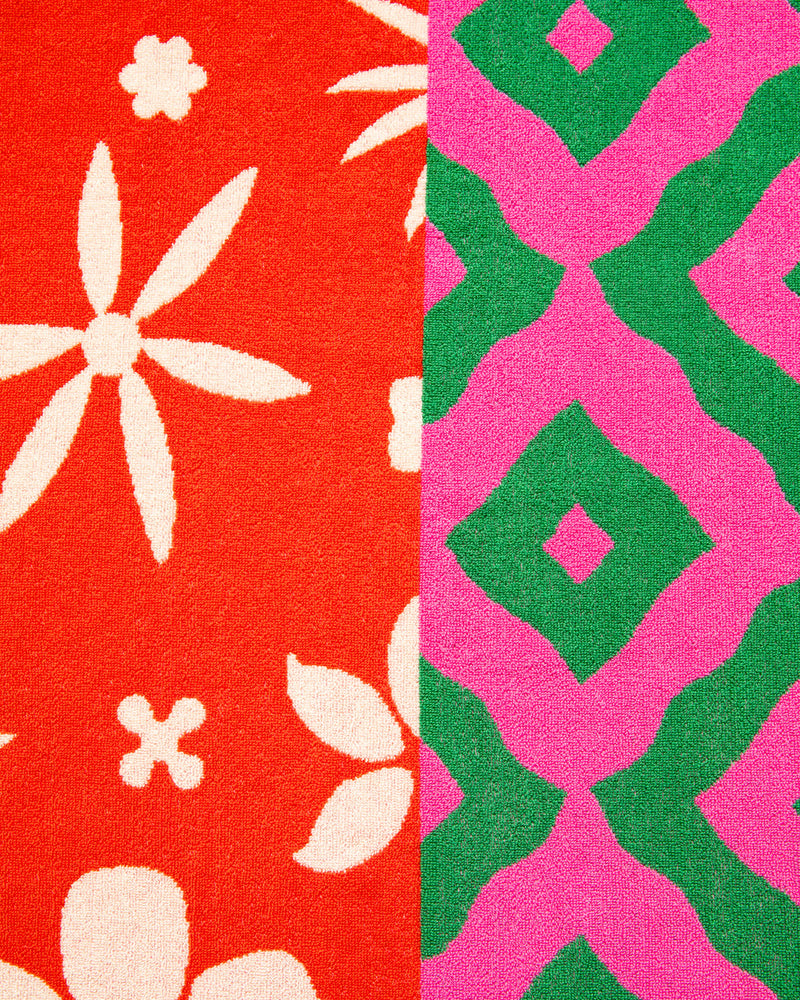 close up of Peony Towel with two floral patterns