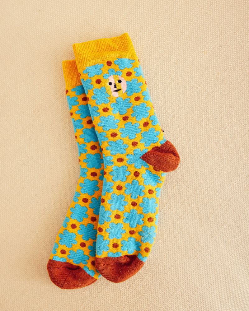 Raspberry socks in yellow with blue flowers with brown heel and toe