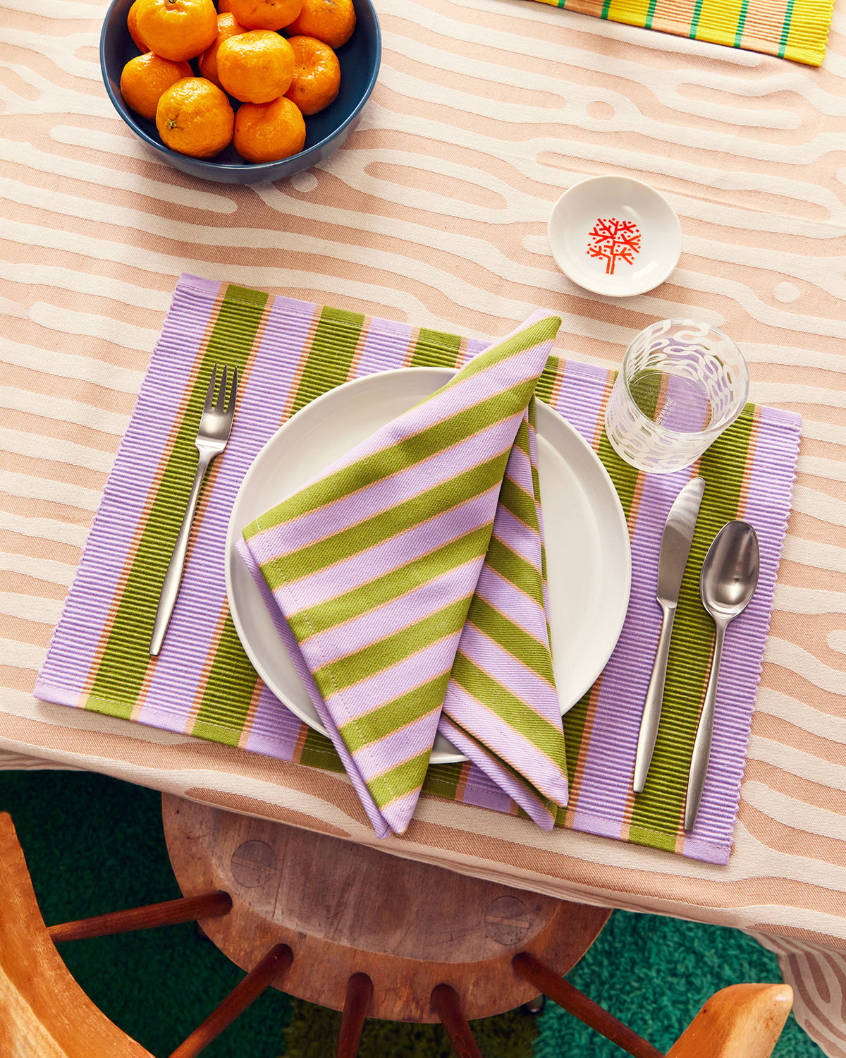 Dusen Dusen Herb Stripe Placemats. Single or Set of 4 placemats in mix and match striped patterns. Cotton placemats in tri-color stripes with a ribbed texture. 100% cotton, 12" x 18". Machine wash cold and lay flat to dry. Spot clean as needed. Made in India.