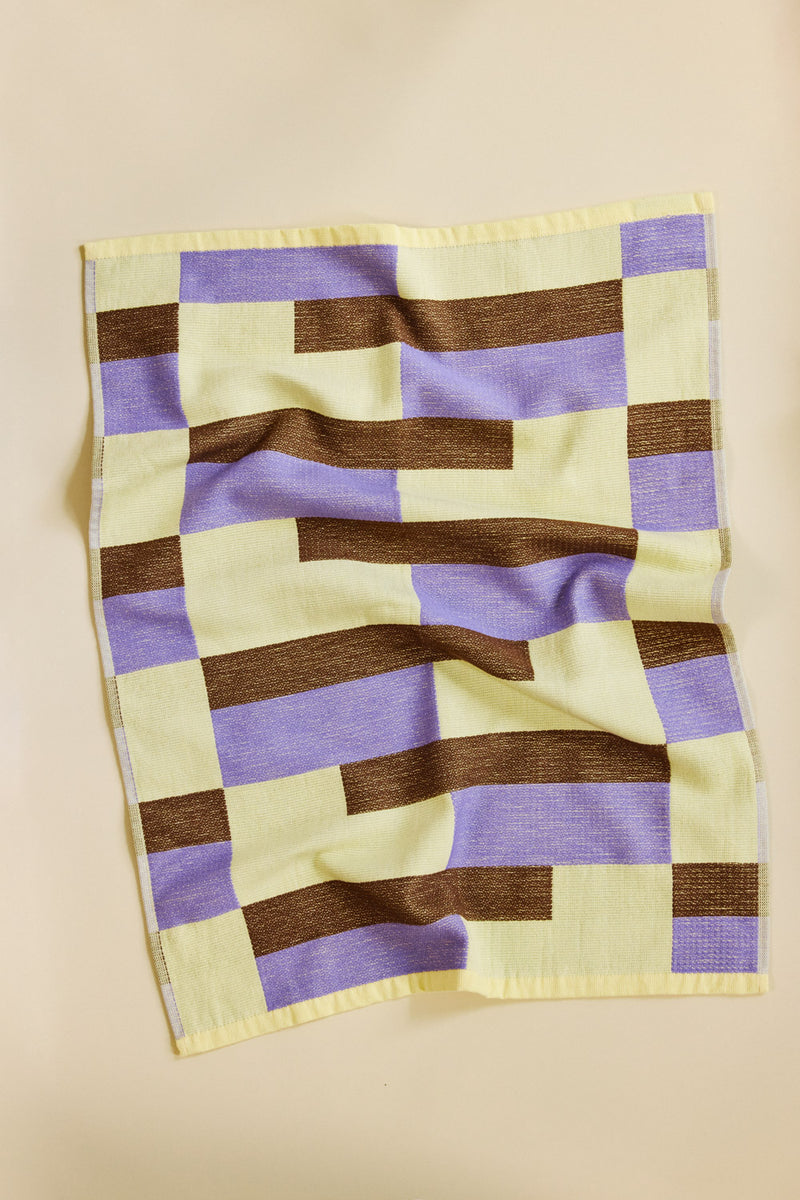 Soup dish towel in yellow brown and purple