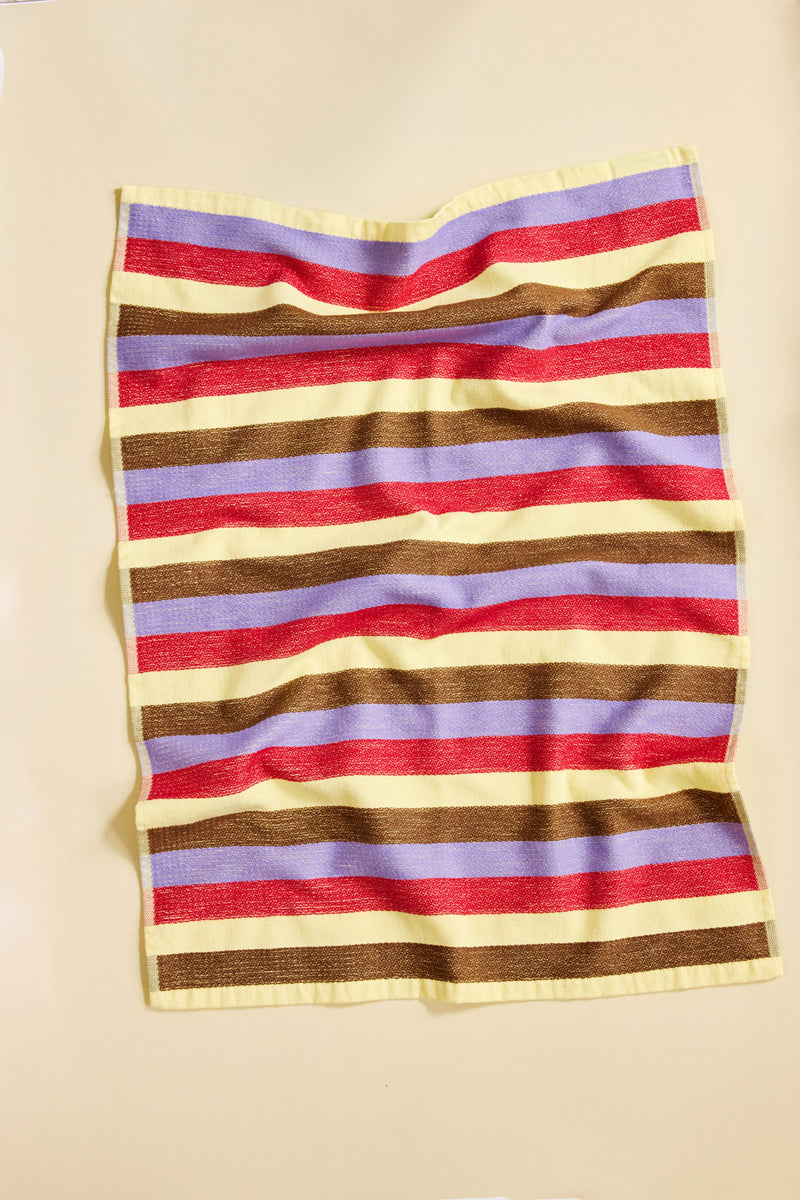 soup dish towel in red brown yellow and purple on beige background