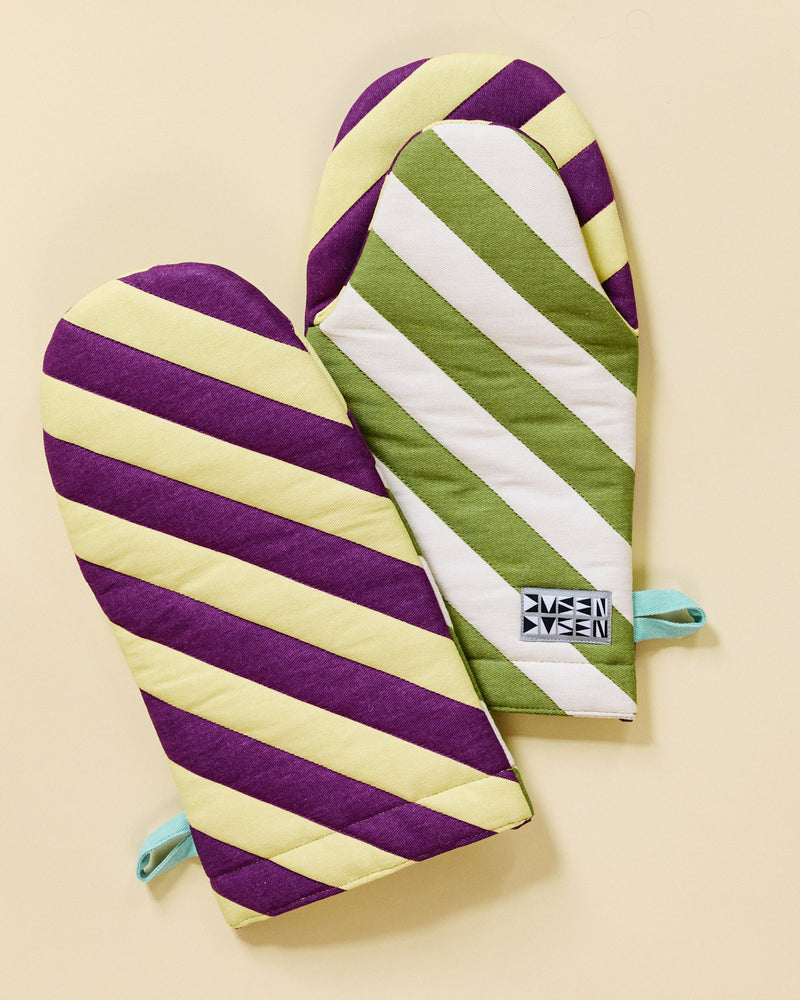 Soughdough oven mitt set of two with green, white, yellow and purple