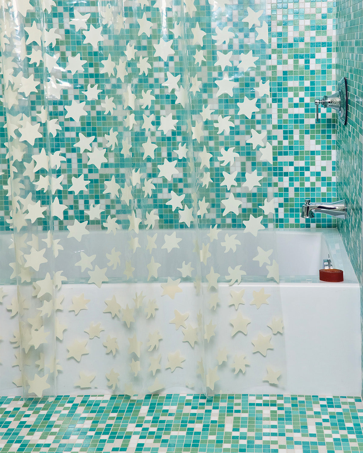 ; We provide the stars, you provide the moon <br><br> Clear Shower Curtain with White Stars