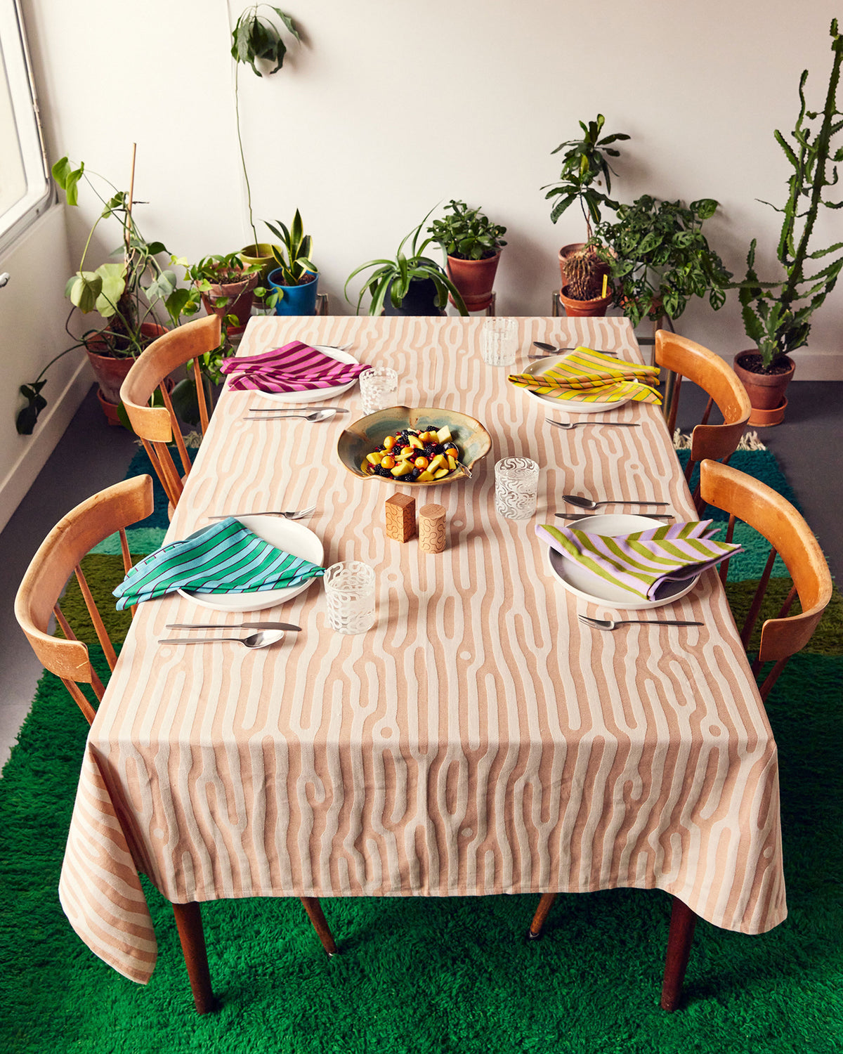Dusen Dusen Herb Stripe Napkins on table with Oak table cloth