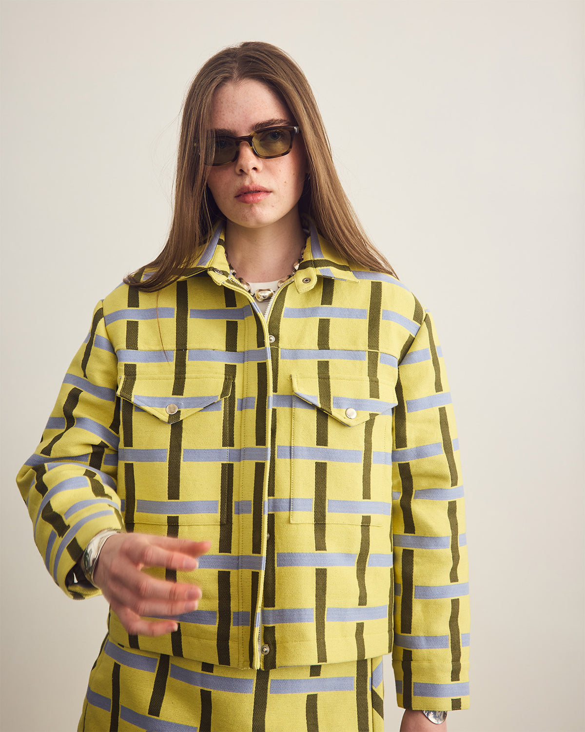 Erin wearing a Tabby patterned cotton jacket