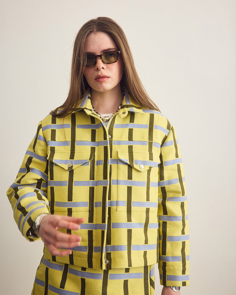 Erin wearing a Tabby patterned cotton jacket