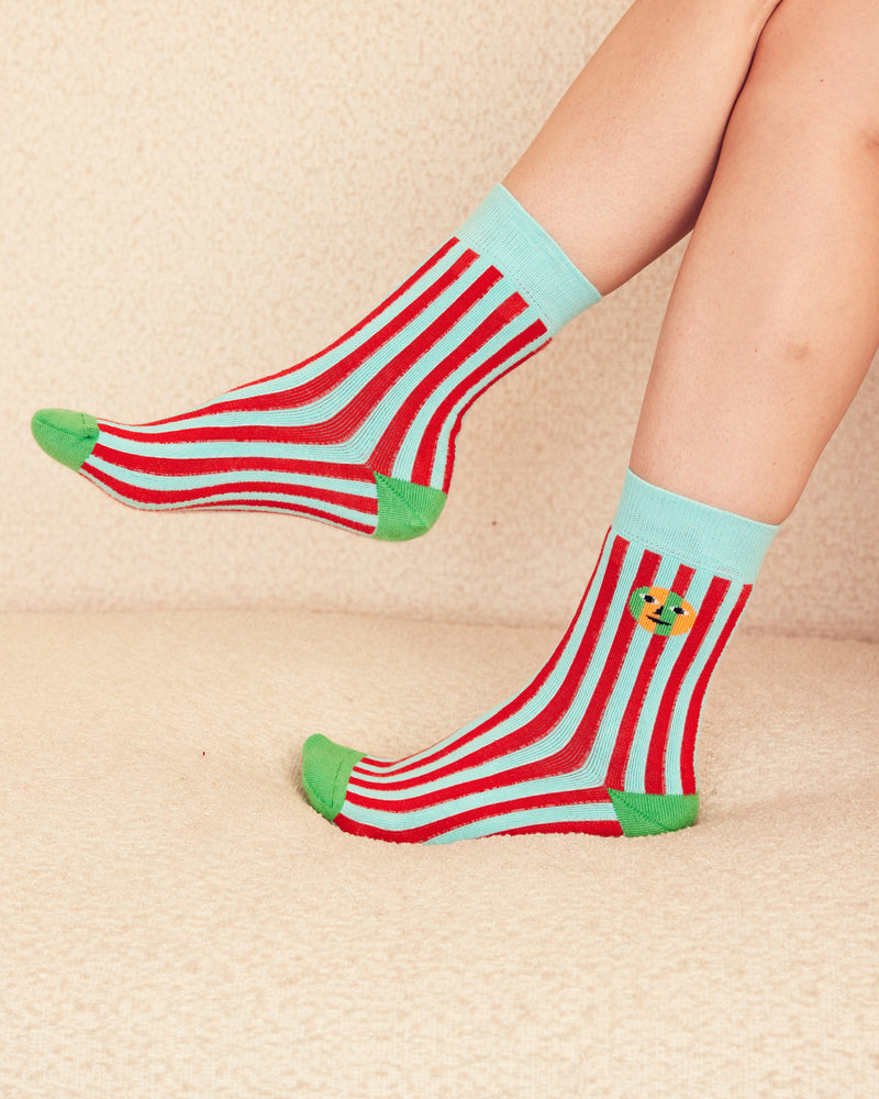 Warm stripe socks in red and light blue stripe on adult legs