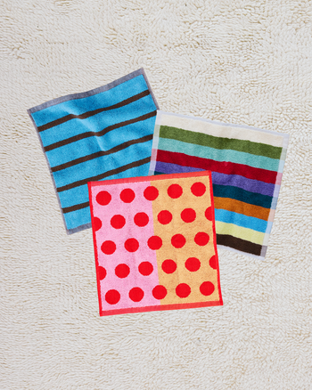 ["three colorful towels with different patterns on a textured surface ", " It's a washcloth party, and everyone's invited <br> <br>Comes with:\n<br>\n1 Hummingbird Washcloth (from our Hummingbird Towel Collection)<br>\n1 Heron Washcloth (from our Bird Stripe Towel Collection)\n1 Dot Washcloth (from our Dot Towel Collection)"]