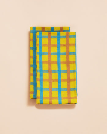 Set of 2 matching Yellow Plaid Napkins with Blue and Orange accents