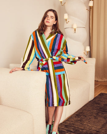 ["Woman wearing a colorful striped robe in a living room setting ", " Koalas may find you extremely attractive in this <br> Erin is 5'8\" and wears a M, Carmen is 5'3\" and wears a 1X, Jesse is 6'2\" and wears an XL, Shereen is 5'5\" and wears a S"]