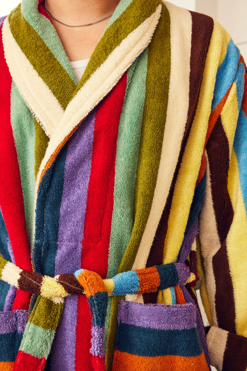 close up of chest of colorful eucalyptus robe