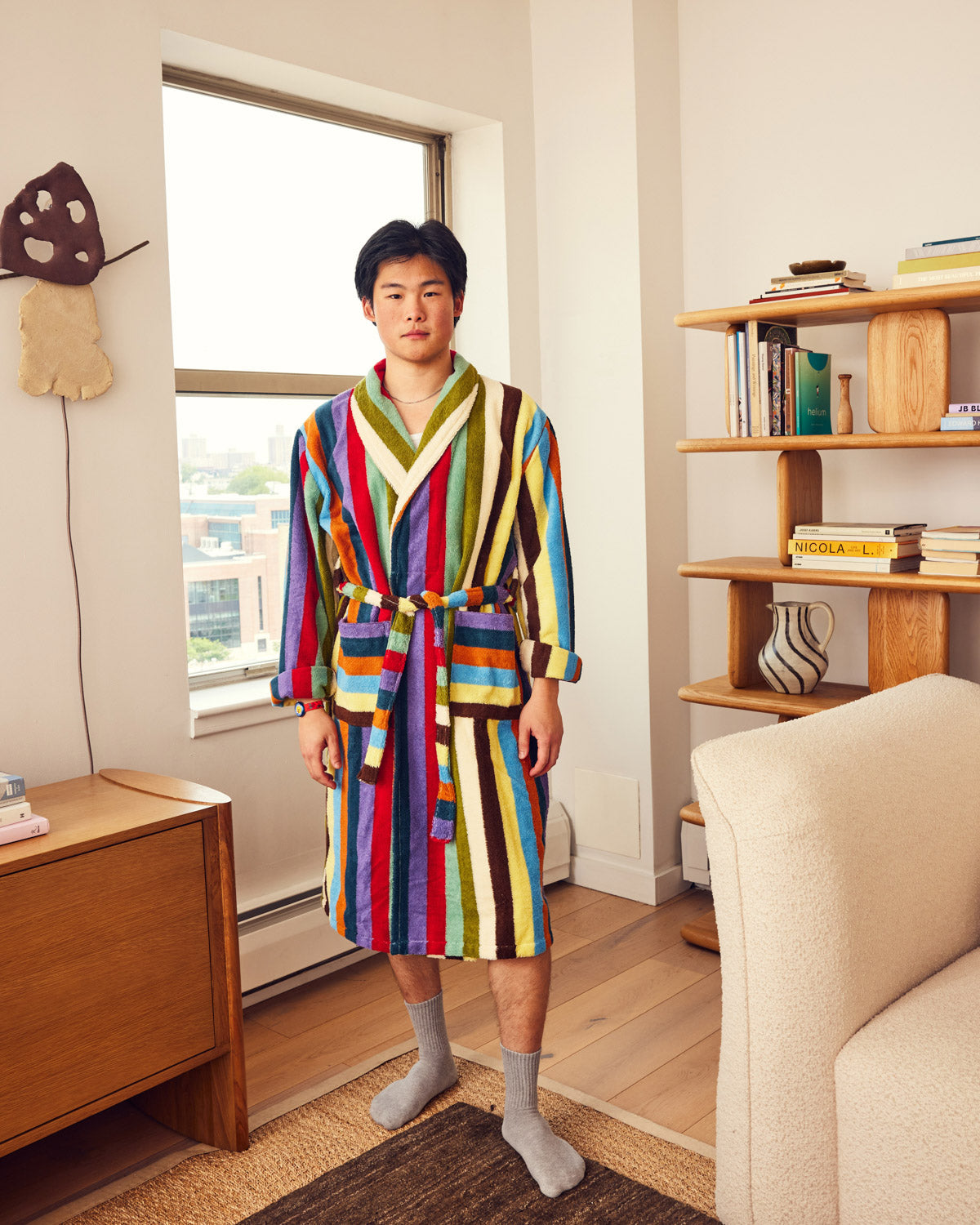 Jesse in Eucalyptus robe in living room