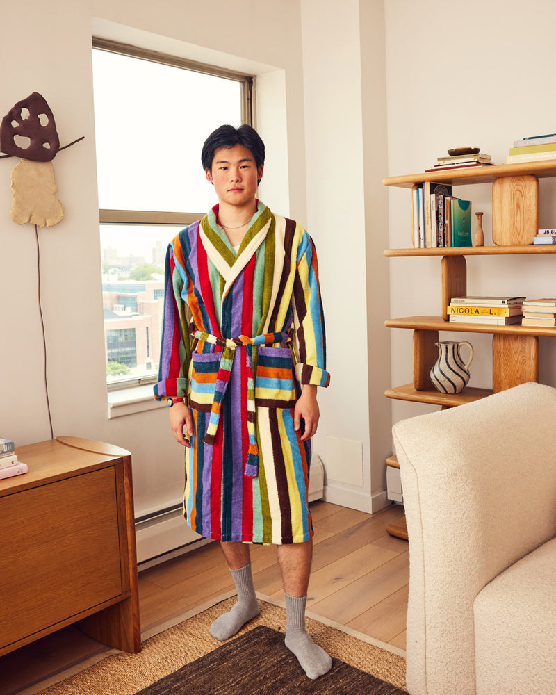 Jesse in Eucalyptus robe in living room