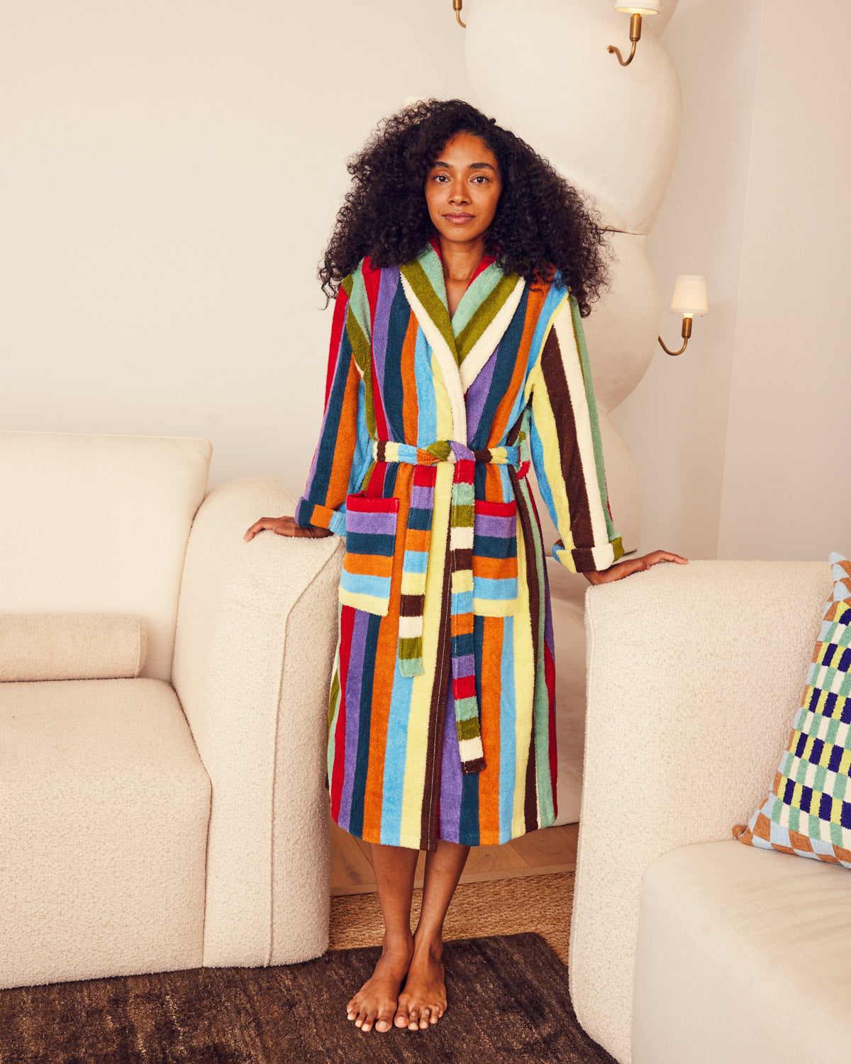 shereen standing between two couches in eucalyptus robe