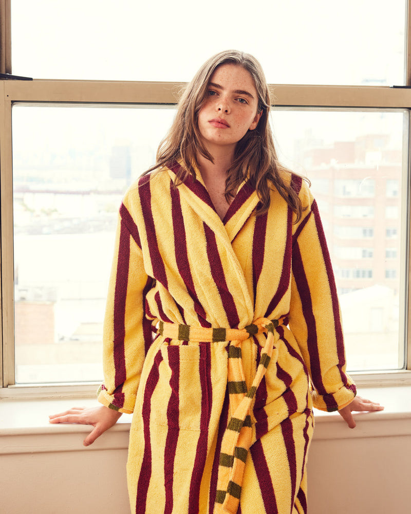 Erin wearing Ginkgo robe in front of window