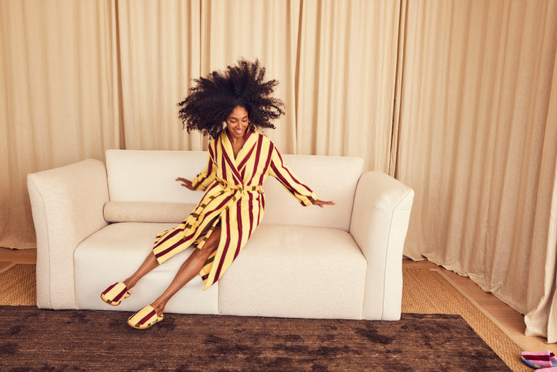 shereen jumping onto couch in ginkgo robe