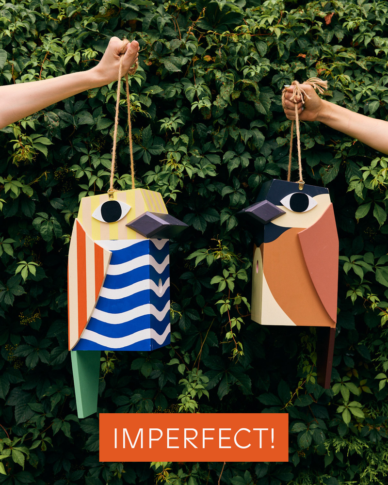 Two colorful birdhouses hanging against a green leafy background