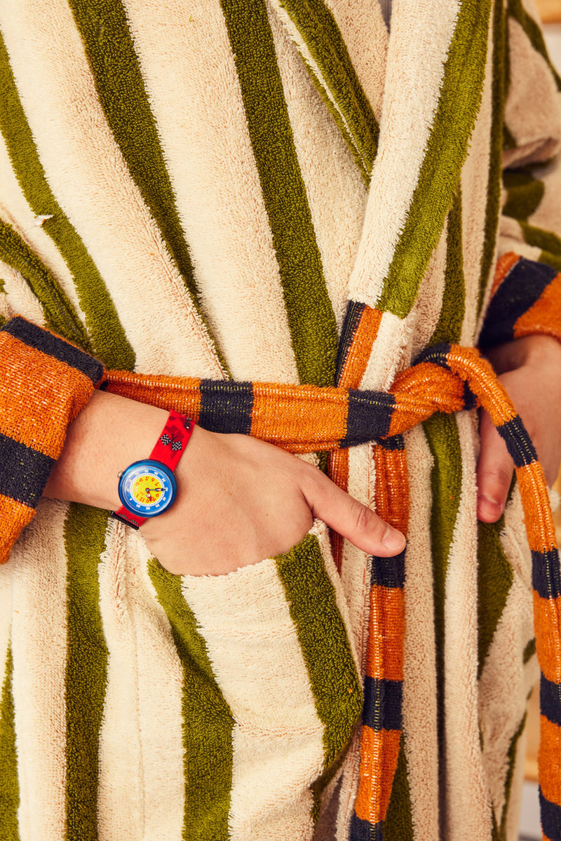 close up of juniper robe  with red watch and pocket