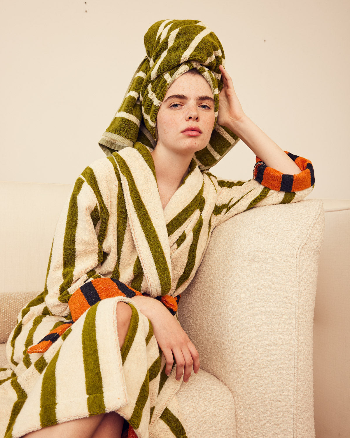 Erin wearing Juniper robe with towel on her head