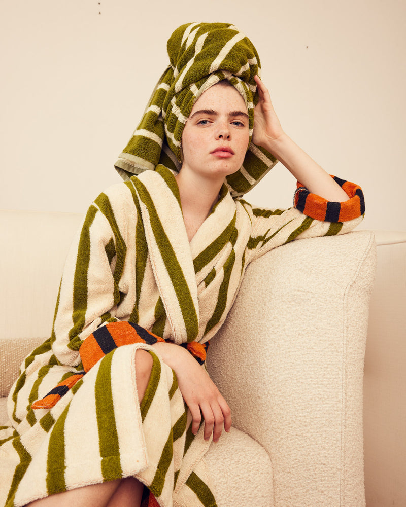 Erin wearing Juniper robe with towel on her head