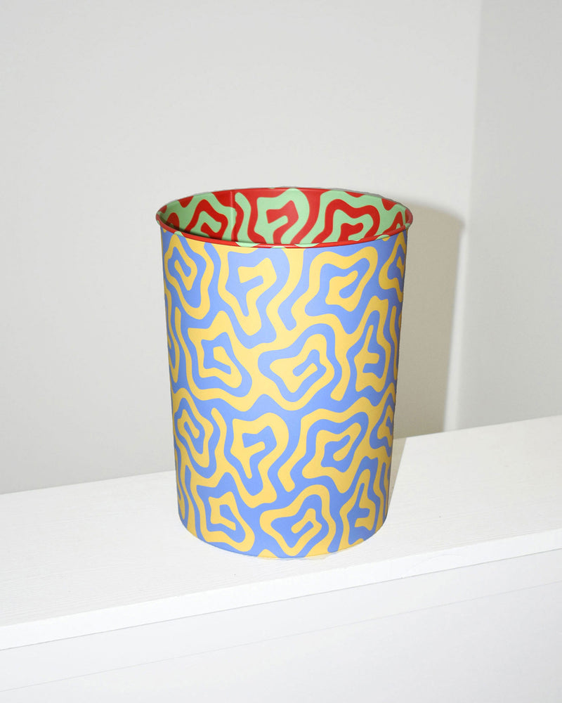 Spiral Pattern Bin. Patterned wastepaper bin made in collaboration with Areaware. Great for use in office or bathroom. 100% tin. 8.25 in x 10.5 in. Made in China. Not eligible for international shipping.